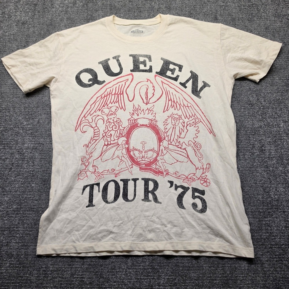 Hollister Queen Tour 75 Graphic T-Shirt Cream Cotton Rock Band Tee XS 357G2729